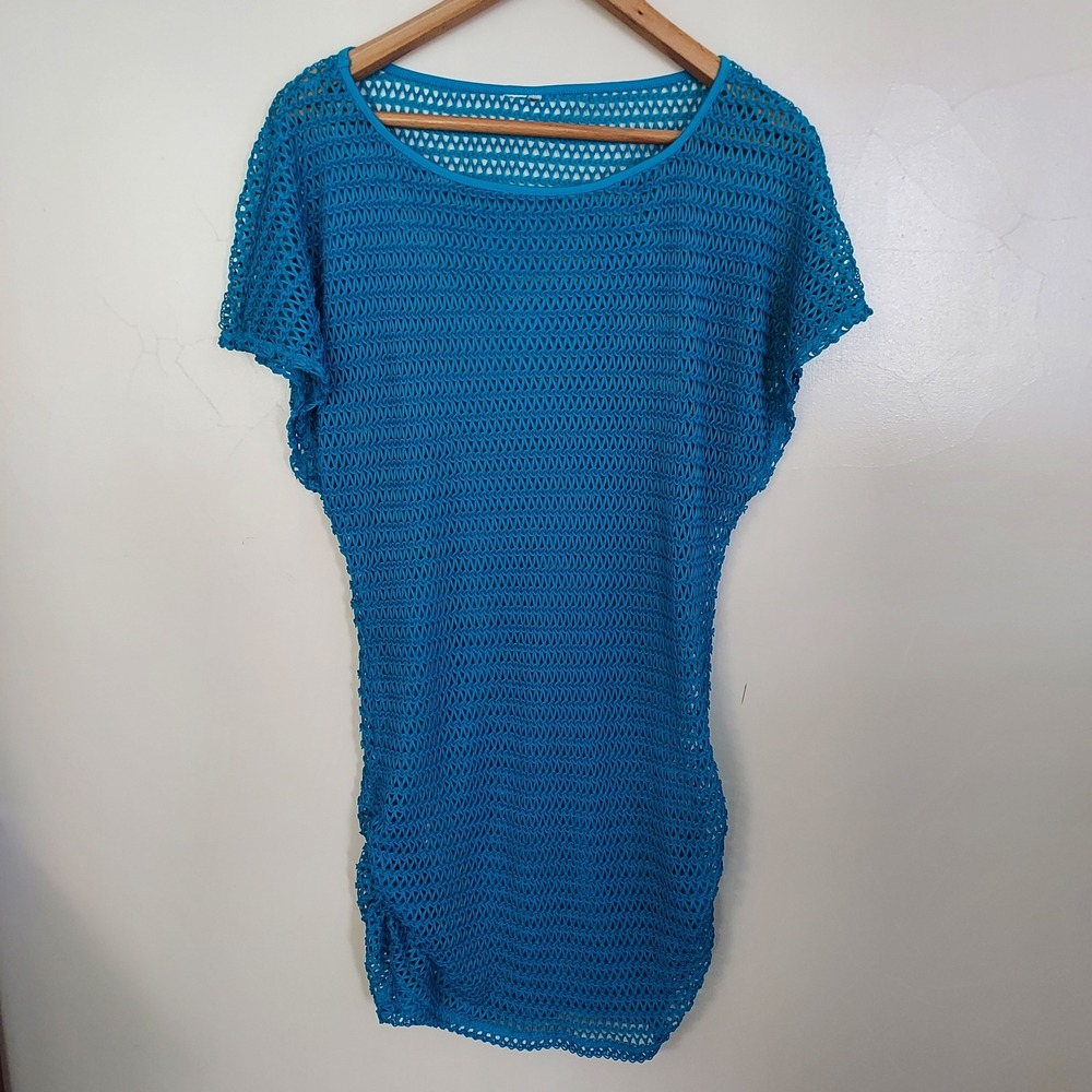 Turquoise Blue Crochet Mesh Swim Cover Up Tunic Open Knit Beachwear Dress